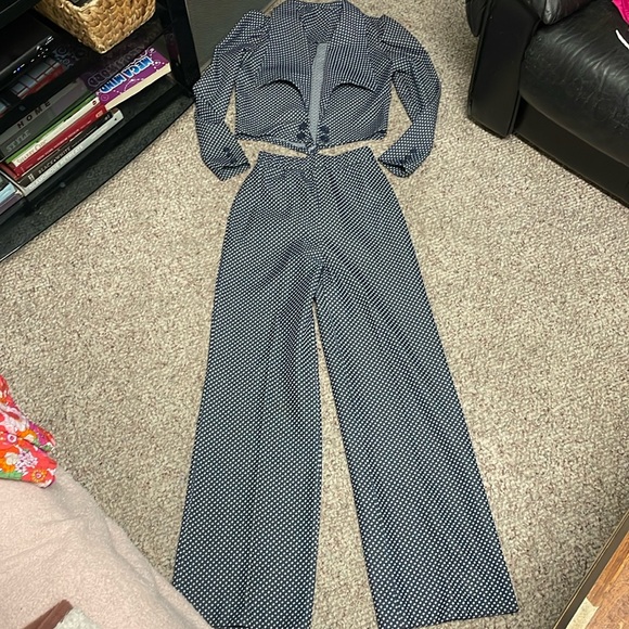 Vintage Pants - Vintage Navy and White Checkered Pantsuit